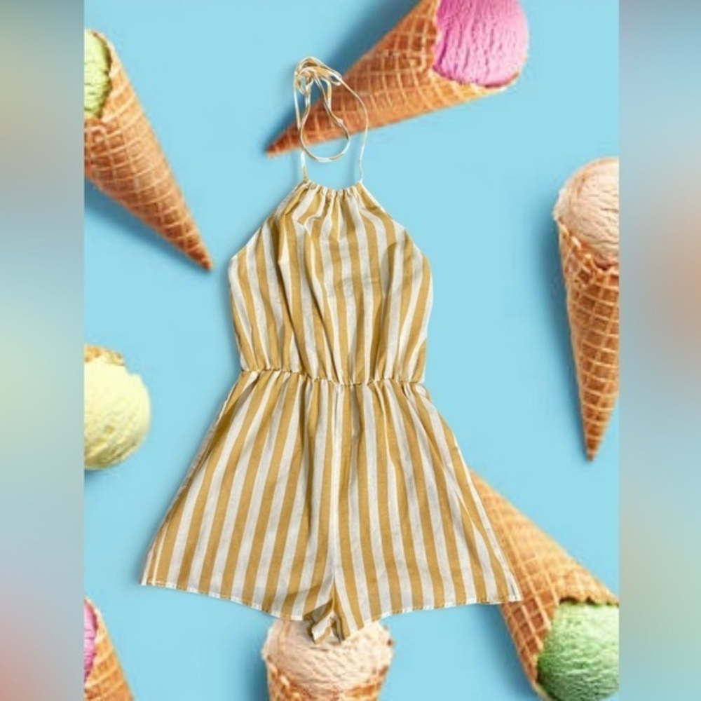 Yellow Striped Backless Romper - Picture 1 of 8